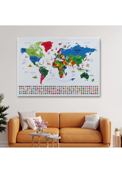 Dünya Haritası Ülke Bayraklı ve Başkentli Kanvas Tablo 1963 fiyatları