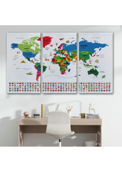 Dünya Haritası Ülke Bayraklı ve Başkentli Kanvas Tablo 1963 modelleri