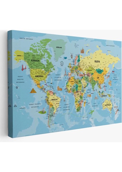 Türkçe Dünya Haritası Kanvas Tablo Son Derece Detaylı ve DEKORATIF-1991