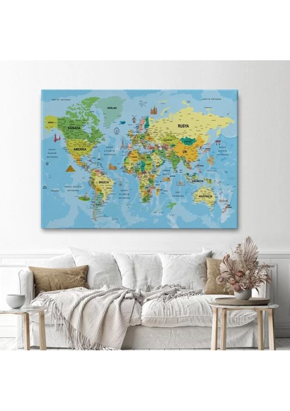 Türkçe Dünya Haritası Kanvas Tablo Son Derece Detaylı ve DEKORATIF-1991 fiyatları