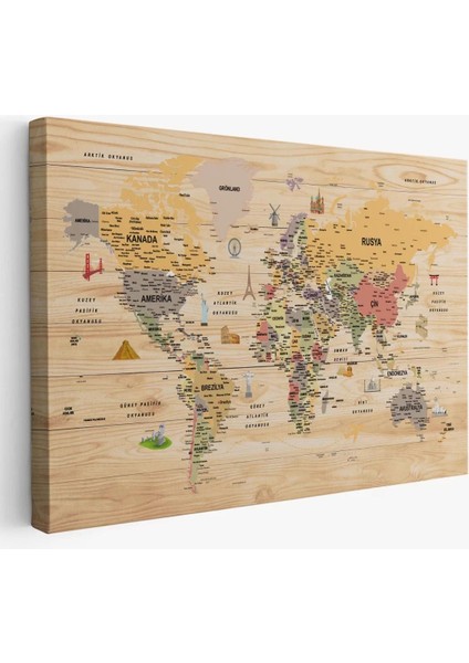 Ahşap Görünümlü Türkçe Dünya Haritası Sembollü Eğitici Kanvas Tablo 2925