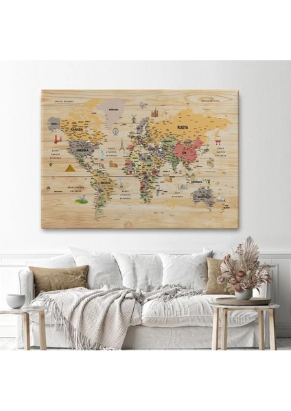Ahşap Görünümlü Türkçe Dünya Haritası Sembollü Eğitici Kanvas Tablo 2925 fiyatları