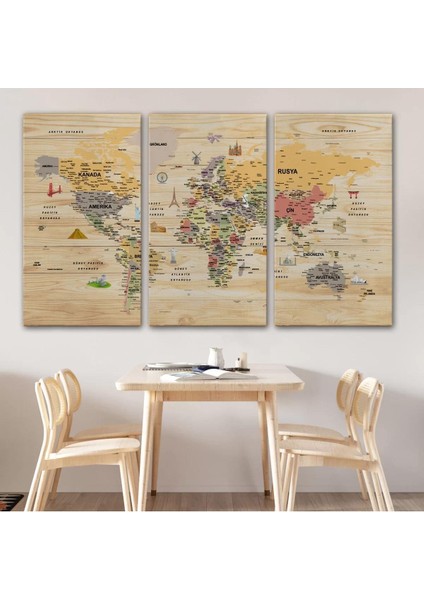 Ahşap Görünümlü Türkçe Dünya Haritası Sembollü Eğitici Kanvas Tablo 2925 modelleri