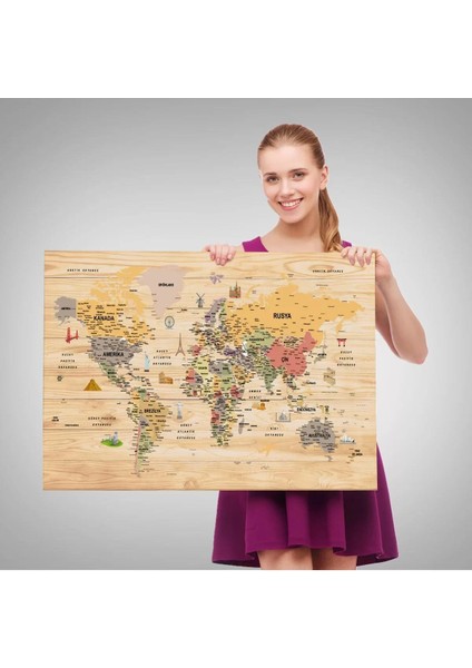 Ahşap Görünümlü Türkçe Dünya Haritası Sembollü Eğitici Kanvas Tablo 2925 fırsatları