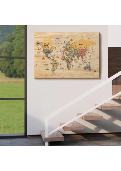 Ahşap Görünümlü Türkçe Dünya Haritası Sembollü Eğitici Kanvas Tablo 2925 indirimleri