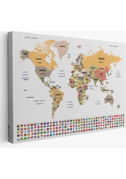 Türkçe Dünya Haritası Kanvas Tablo Ülke Bayraklı ve Dekoratif 2380