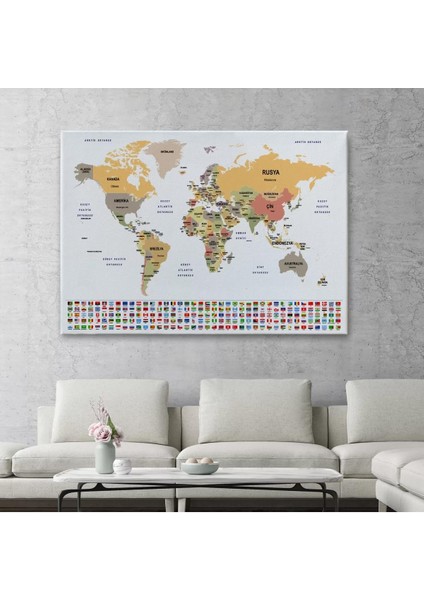 Türkçe Dünya Haritası Kanvas Tablo Ülke Bayraklı ve Dekoratif 2380 fiyatları