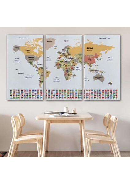 Türkçe Dünya Haritası Kanvas Tablo Ülke Bayraklı ve Dekoratif 2380 modelleri