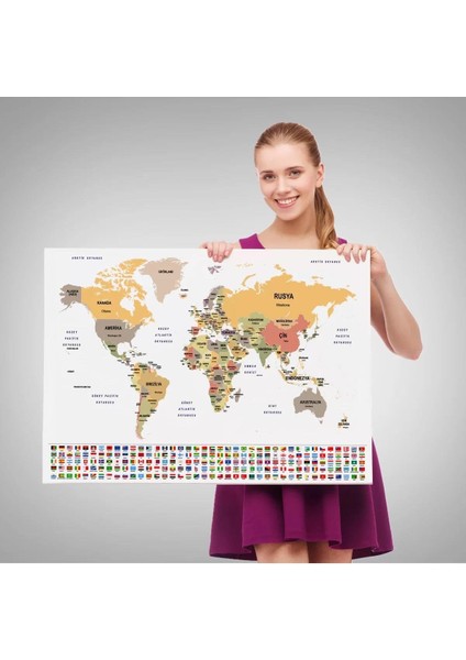 Türkçe Dünya Haritası Kanvas Tablo Ülke Bayraklı ve Dekoratif 2380 fırsatları