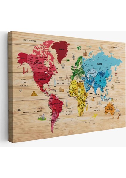 Ahşap Görünümlü Türkçe Dünya Haritası Sembollü Eğitici Kanvas Tablo 2949