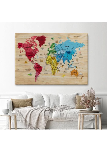 Ahşap Görünümlü Türkçe Dünya Haritası Sembollü Eğitici Kanvas Tablo 2949 fiyatları