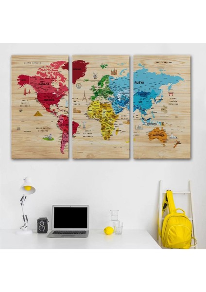 Ahşap Görünümlü Türkçe Dünya Haritası Sembollü Eğitici Kanvas Tablo 2949 modelleri