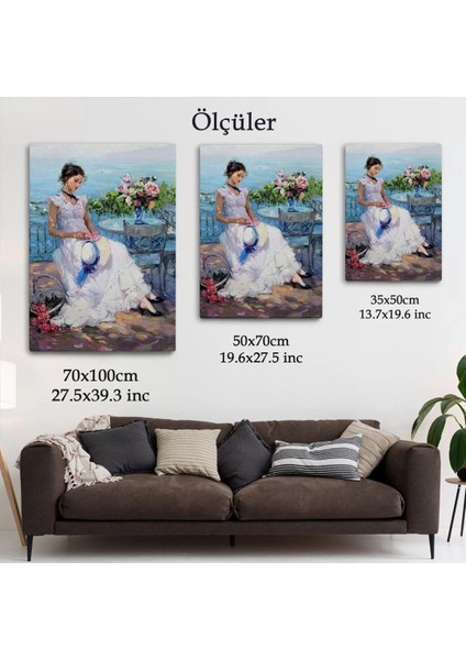 Terastaki Beyaz Elbiseli Güzel Kadın TABLOSU-6273 indirimleri