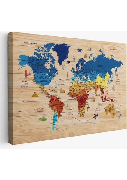 Ahşap Görünümlü Türkçe Dünya Haritası Sembollü Eğitici Dekoratif Kanvas Tablo 2891