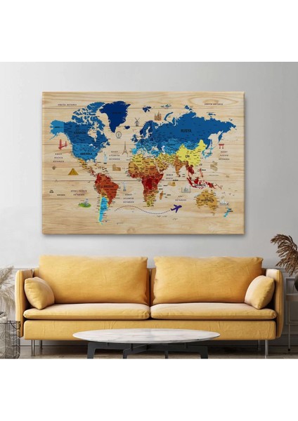 Ahşap Görünümlü Türkçe Dünya Haritası Sembollü Eğitici Dekoratif Kanvas Tablo 2891 fiyatları