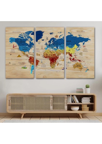 Ahşap Görünümlü Türkçe Dünya Haritası Sembollü Eğitici Dekoratif Kanvas Tablo 2891 modelleri