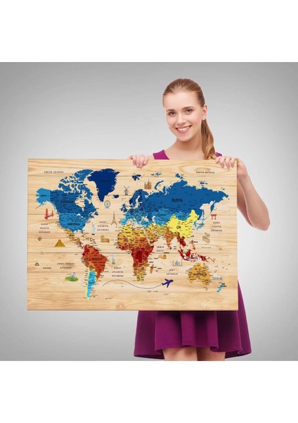 Ahşap Görünümlü Türkçe Dünya Haritası Sembollü Eğitici Dekoratif Kanvas Tablo 2891 fırsatları