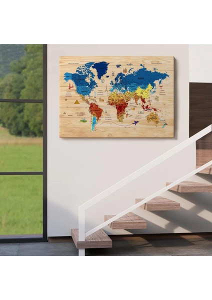 Ahşap Görünümlü Türkçe Dünya Haritası Sembollü Eğitici Dekoratif Kanvas Tablo 2891 indirimleri