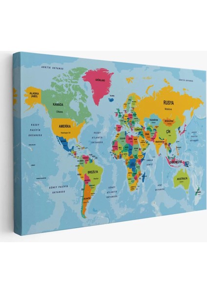 Türkçe Dünya Haritası Ülke Başkentli ve Okyanuslu Dekoratif Kanvas Tablo 2242