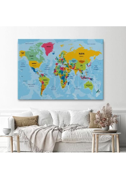 Türkçe Dünya Haritası Ülke Başkentli ve Okyanuslu Dekoratif Kanvas Tablo 2242 fiyatları