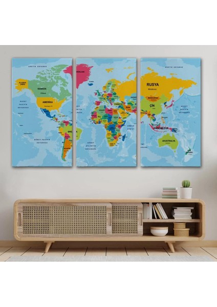 Türkçe Dünya Haritası Ülke Başkentli ve Okyanuslu Dekoratif Kanvas Tablo 2242 modelleri
