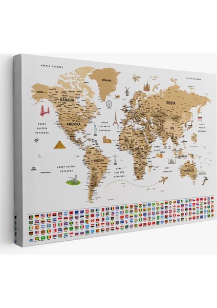 Türkçe Dünya Haritası Ayrıntılı Eğitici Sembollü Bayraklı Dekoratif Kanvas Tablo 2874