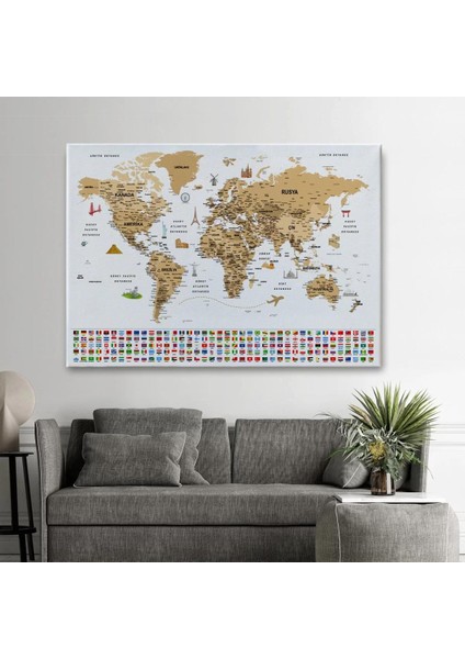 Türkçe Dünya Haritası Ayrıntılı Eğitici Sembollü Bayraklı Dekoratif Kanvas Tablo 2874 fiyatları