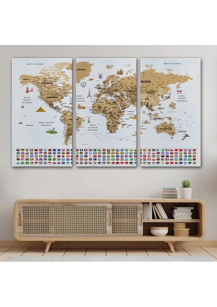 Türkçe Dünya Haritası Ayrıntılı Eğitici Sembollü Bayraklı Dekoratif Kanvas Tablo 2874 modelleri