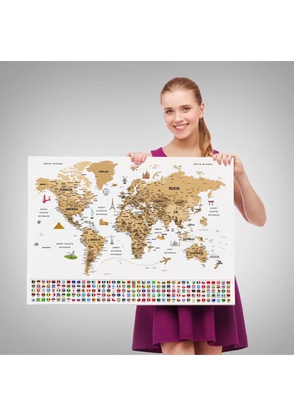Türkçe Dünya Haritası Ayrıntılı Eğitici Sembollü Bayraklı Dekoratif Kanvas Tablo 2874 fırsatları