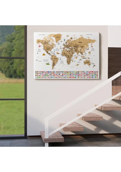 Türkçe Dünya Haritası Ayrıntılı Eğitici Sembollü Bayraklı Dekoratif Kanvas Tablo 2874 indirimleri