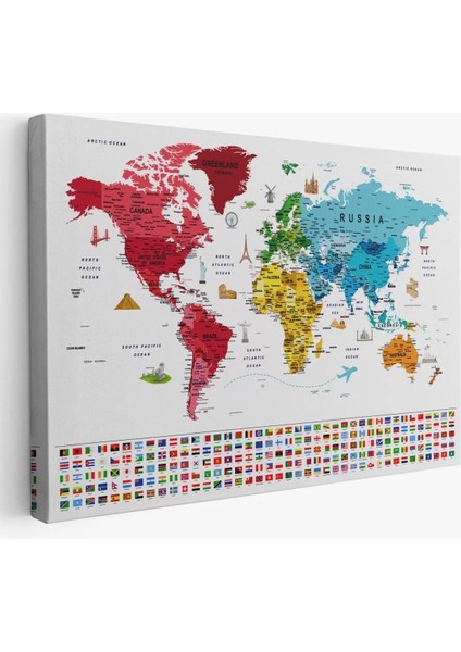 Dünya Haritası Ayrıntılı Eğitici Sembollü Bayraklı Dekoratif Kanvas Tablo 2877