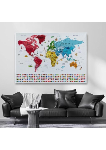 Dünya Haritası Ayrıntılı Eğitici Sembollü Bayraklı Dekoratif Kanvas Tablo 2877 fiyatları