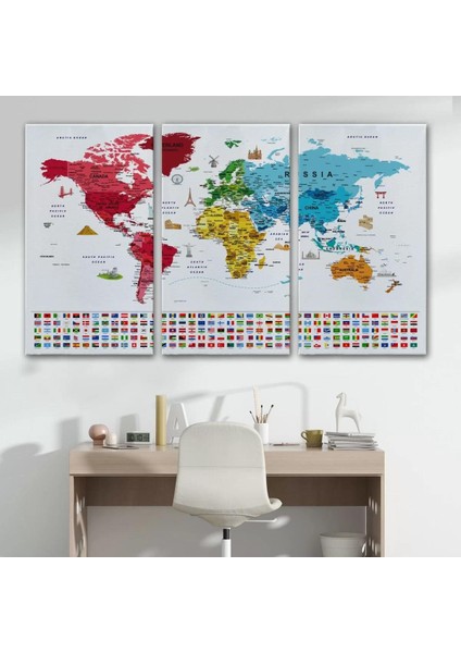 Dünya Haritası Ayrıntılı Eğitici Sembollü Bayraklı Dekoratif Kanvas Tablo 2877 modelleri