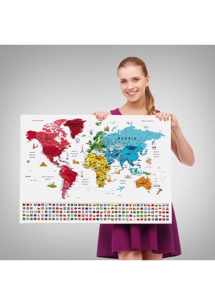 Dünya Haritası Ayrıntılı Eğitici Sembollü Bayraklı Dekoratif Kanvas Tablo 2877 fırsatları