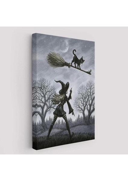 Cadı Süpürgesi ile Uçan Kara Kedi Tablosu, Witches HALLOWEEN-6353
