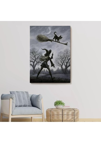 Cadı Süpürgesi ile Uçan Kara Kedi Tablosu, Witches HALLOWEEN-6353 fiyatları