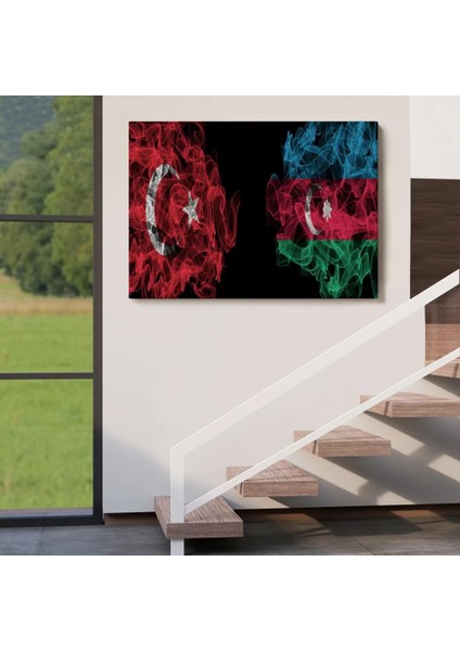 Türkiye Azerbaycan Bayrak Desenli Dekoratif Kanvas TABLO-6518 fırsatları