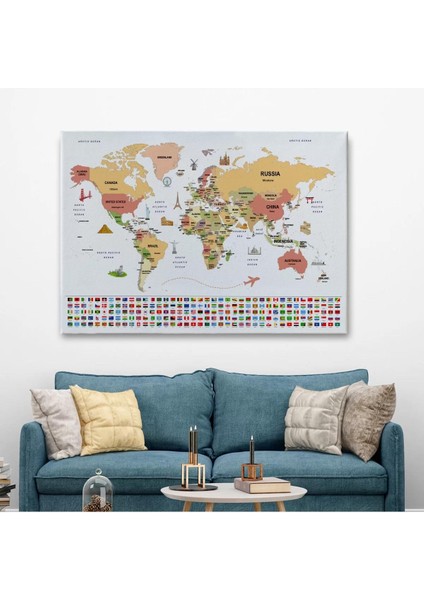 Dünya Haritası Ülke Bayraklı ve Başkentli Kanvas Tablo 1941 fiyatları