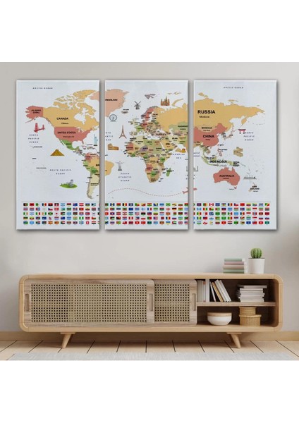 Dünya Haritası Ülke Bayraklı ve Başkentli Kanvas Tablo 1941 modelleri