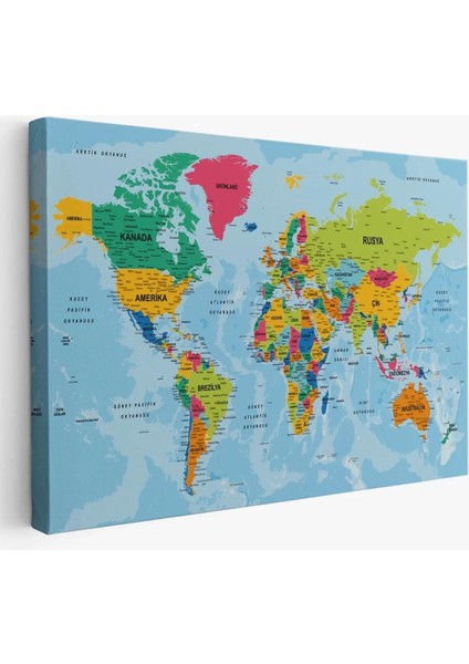Dünya Haritası Türkçe Kanvas Tablo Ayrıntılı Dekoratif-Okyanuslu 2172