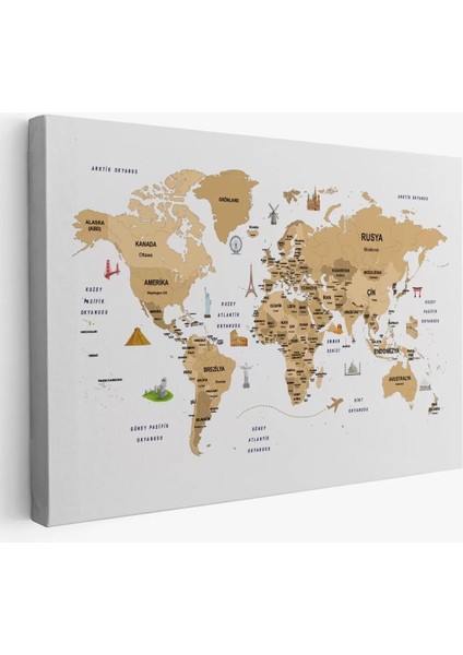 Türkçe Dünya Haritası Dekoratif Kanvas Tablo Ülke-Başkentli Öğretici ve Sembollü 2322