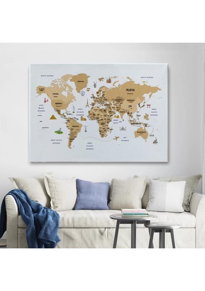 Türkçe Dünya Haritası Dekoratif Kanvas Tablo Ülke-Başkentli Öğretici ve Sembollü 2322 fiyatları