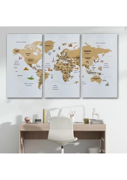Türkçe Dünya Haritası Dekoratif Kanvas Tablo Ülke-Başkentli Öğretici ve Sembollü 2322 modelleri