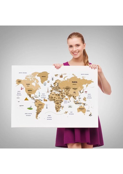 Türkçe Dünya Haritası Dekoratif Kanvas Tablo Ülke-Başkentli Öğretici ve Sembollü 2322 fırsatları