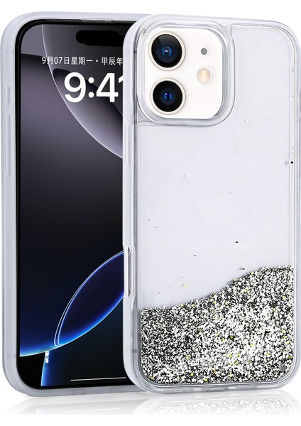 iPhone 11 Uyumlu Kılıf Sıvılı Simli Şeffaf Arka Yüzey Iktk Keto Silikon Kapak-Gümüş