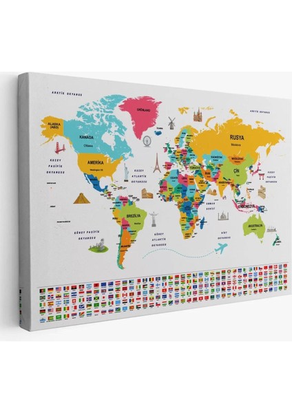 Türkçe Dünya Haritası Ülke Bayrak ve Başkentli Kanvas Tablo 1948