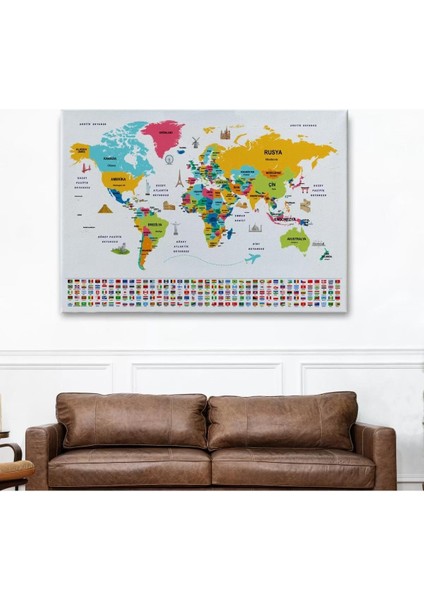 Türkçe Dünya Haritası Ülke Bayrak ve Başkentli Kanvas Tablo 1948 fiyatları