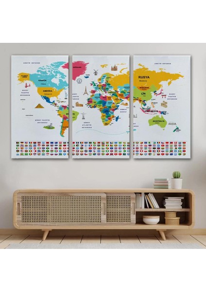 Türkçe Dünya Haritası Ülke Bayrak ve Başkentli Kanvas Tablo 1948 modelleri