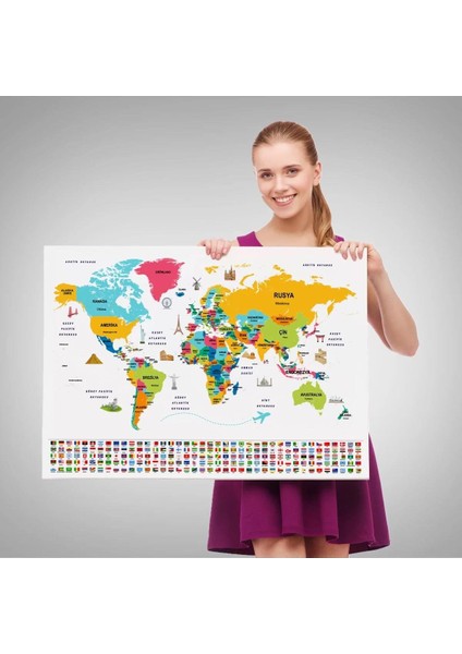 Türkçe Dünya Haritası Ülke Bayrak ve Başkentli Kanvas Tablo 1948 fırsatları