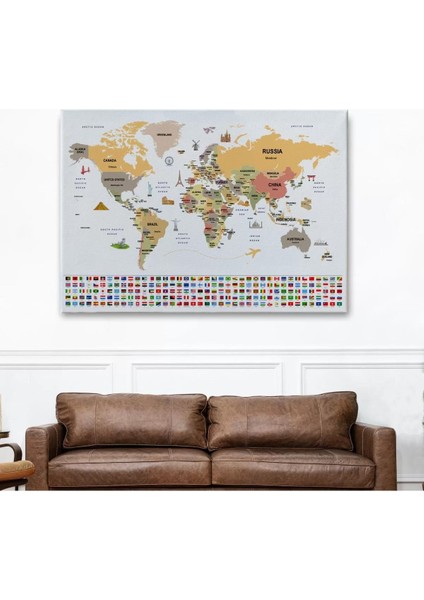 Dünya Haritası Ülke Bayraklı ve Başkentli Kanvas Tablo 1935 fiyatları